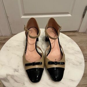 J. Crew Black and Tan Ankle Strap Heels